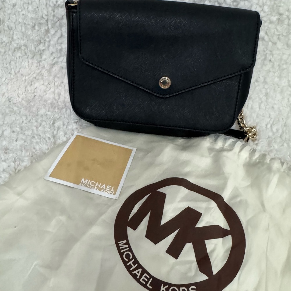 Michael Kors Black Leather Crossbody with 1/2 Gold Chain Accent